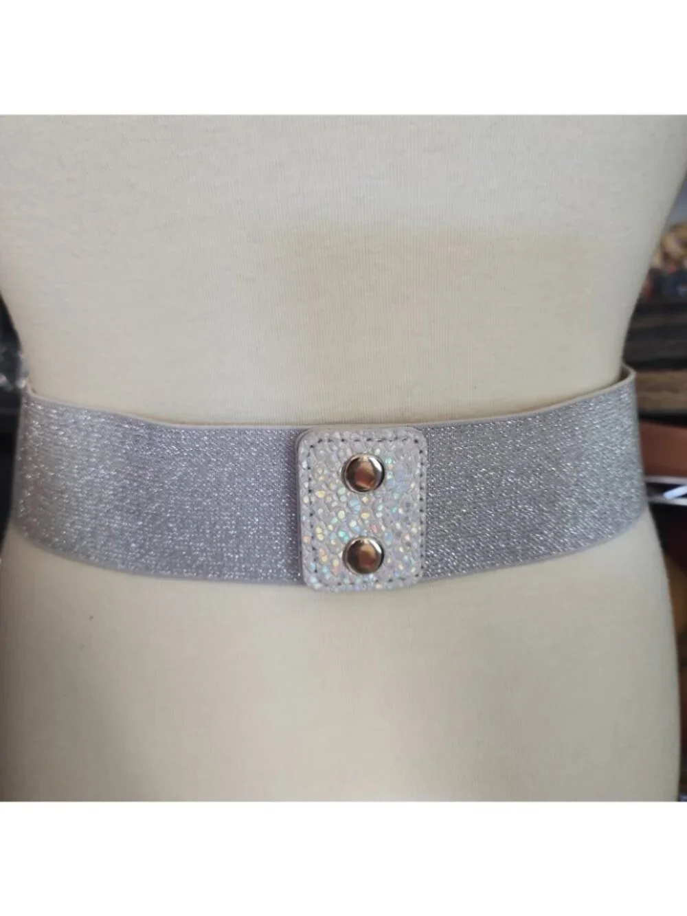 Women Metallic Silver Halographic Faux Leather Elastic Fashion Belt Big 36